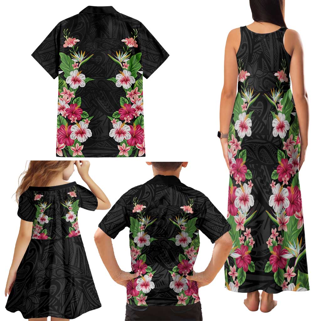Hawaii Tropical Flowers Family Matching Tank Maxi Dress and Hawaiian Shirt Black Polynesian Tattoo Art LT05 - Polynesian Pride