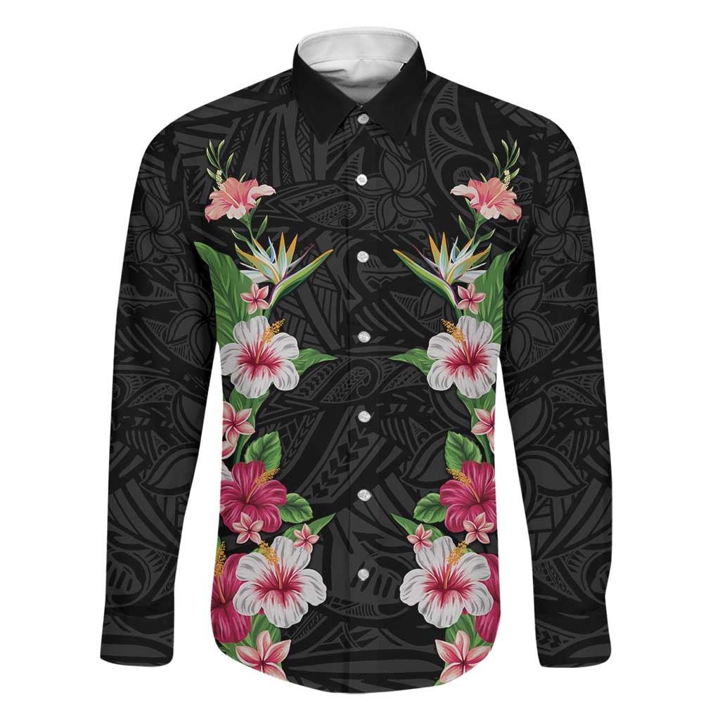 Hawaii Tropical Flowers Family Matching Tank Maxi Dress and Hawaiian Shirt Black Polynesian Tattoo Art LT05 Dad's Shirt - Long Sleeve Black - Polynesian Pride