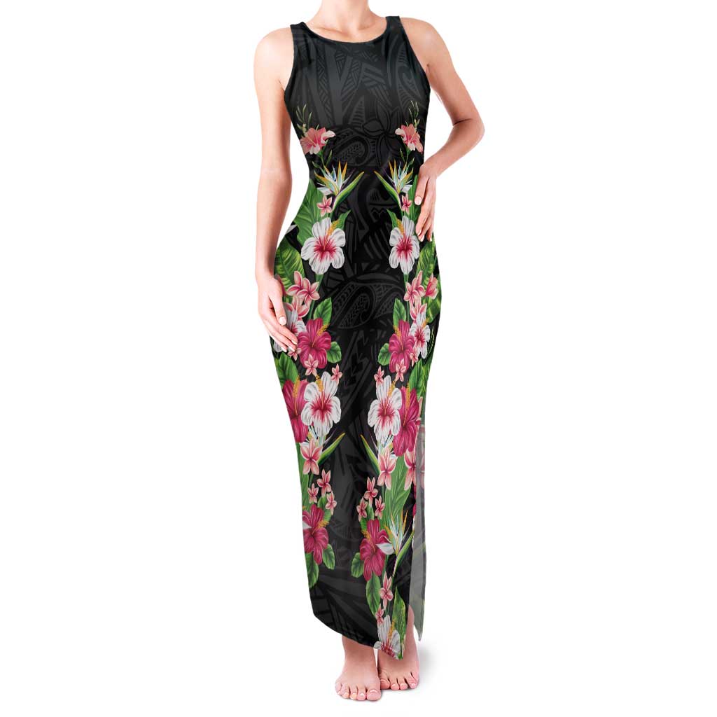 Hawaii Tropical Flowers Family Matching Tank Maxi Dress and Hawaiian Shirt Black Polynesian Tattoo Art LT05 Mom's Dress Black - Polynesian Pride