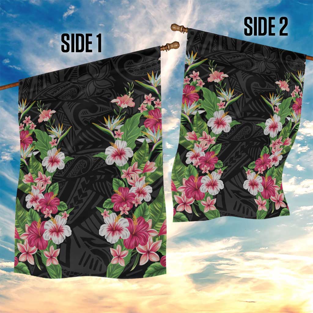 Hawaii Tropical Flowers Garden Flag Black Polynesian Tattoo Art
