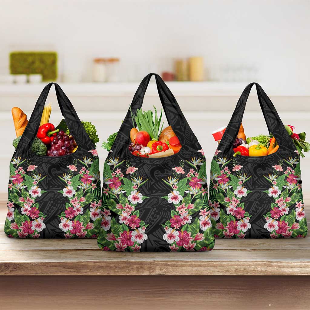 Hawaii Tropical Flowers Grocery Bag Black Polynesian Tattoo Art