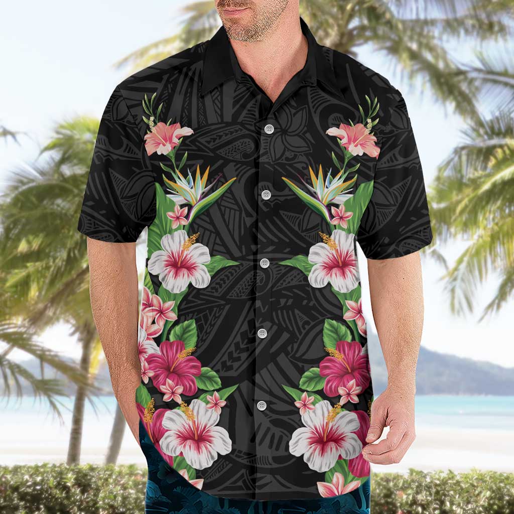 Hawaii Tropical Flowers Hawaiian Shirt Black Polynesian Tattoo Art
