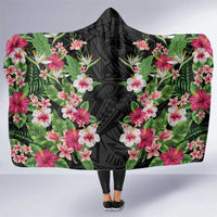 Hawaii Tropical Flowers Hooded Blanket Black Polynesian Tattoo Art