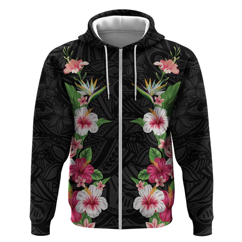 Hawaii Tropical Flowers Hoodie Black Polynesian Tattoo Art