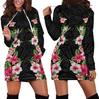 Hawaii Tropical Flowers Hoodie Dress Black Polynesian Tattoo Art
