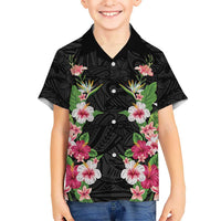 Hawaii Tropical Flowers Kid Hawaiian Shirt Black Polynesian Tattoo Art