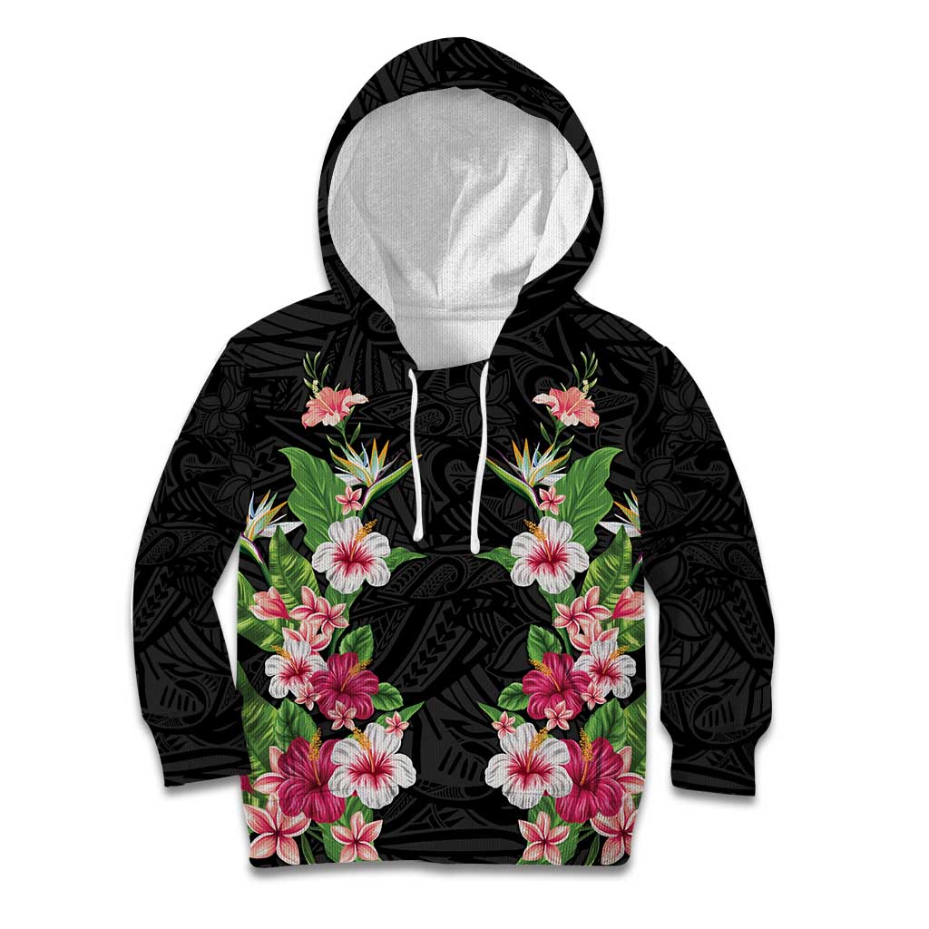 Hawaii Tropical Flowers Kid Hoodie Black Polynesian Tattoo Art