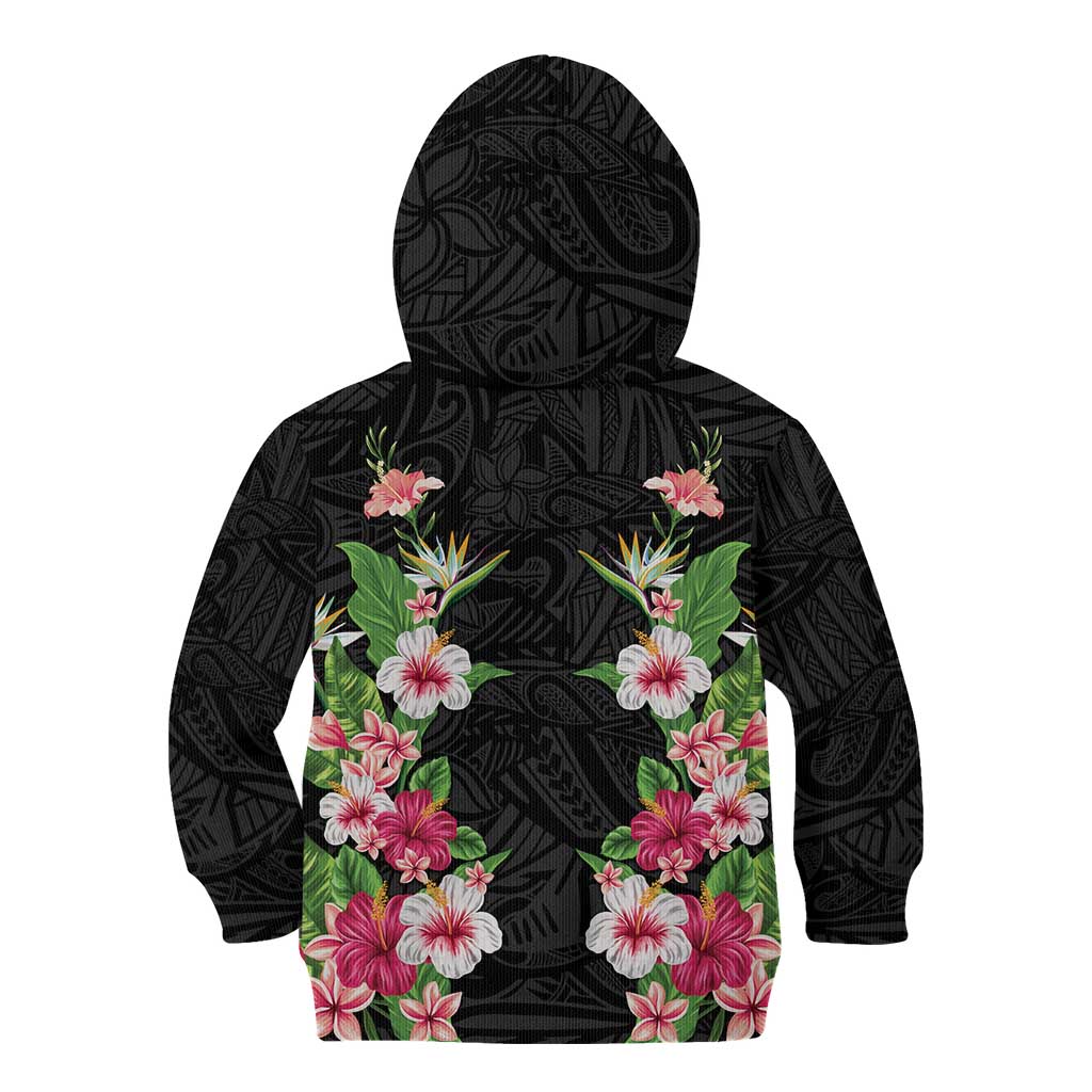 Hawaii Tropical Flowers Kid Hoodie Black Polynesian Tattoo Art