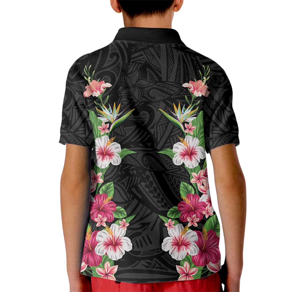 Hawaii Tropical Flowers Kid Polo Shirt Black Polynesian Tattoo Art
