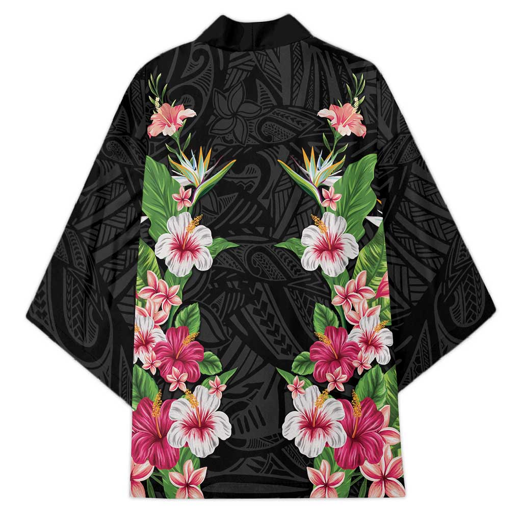 Hawaii Tropical Flowers Kimono Black Polynesian Tattoo Art