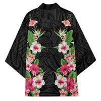 Hawaii Tropical Flowers Kimono Black Polynesian Tattoo Art
