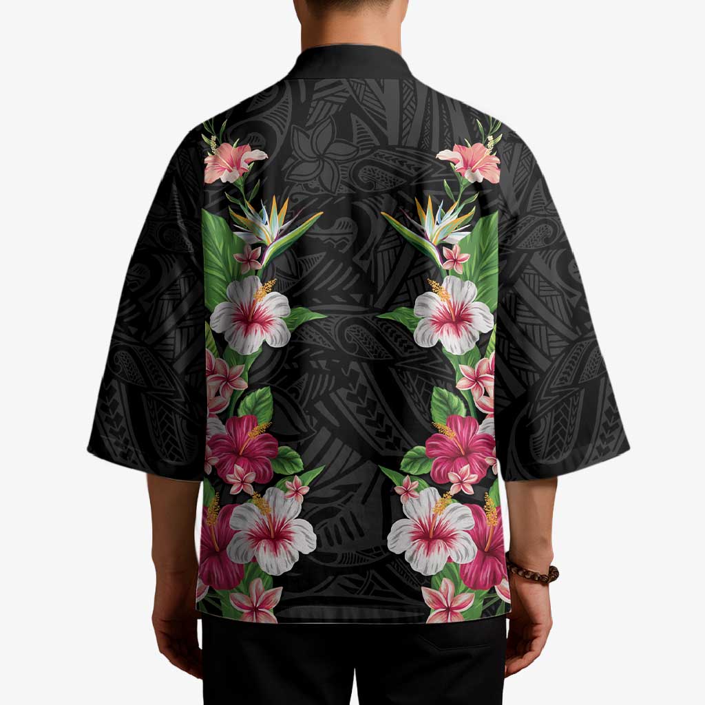 Hawaii Tropical Flowers Kimono Black Polynesian Tattoo Art