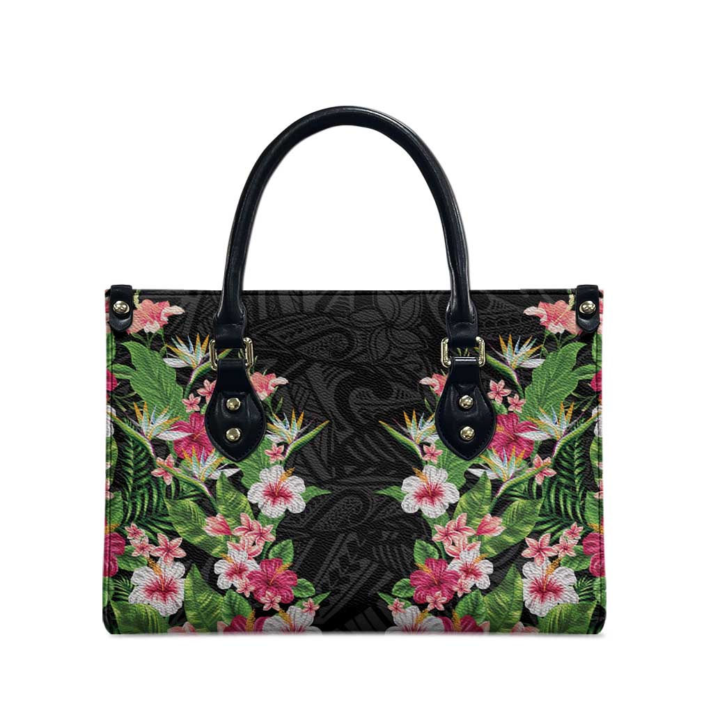 Hawaii Tropical Flowers Leather Bag Black Polynesian Tattoo Art