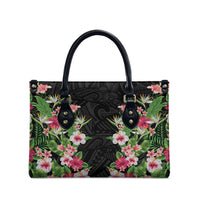 Hawaii Tropical Flowers Leather Bag Black Polynesian Tattoo Art