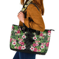 Hawaii Tropical Flowers Leather Tote Bag Black Polynesian Tattoo Art