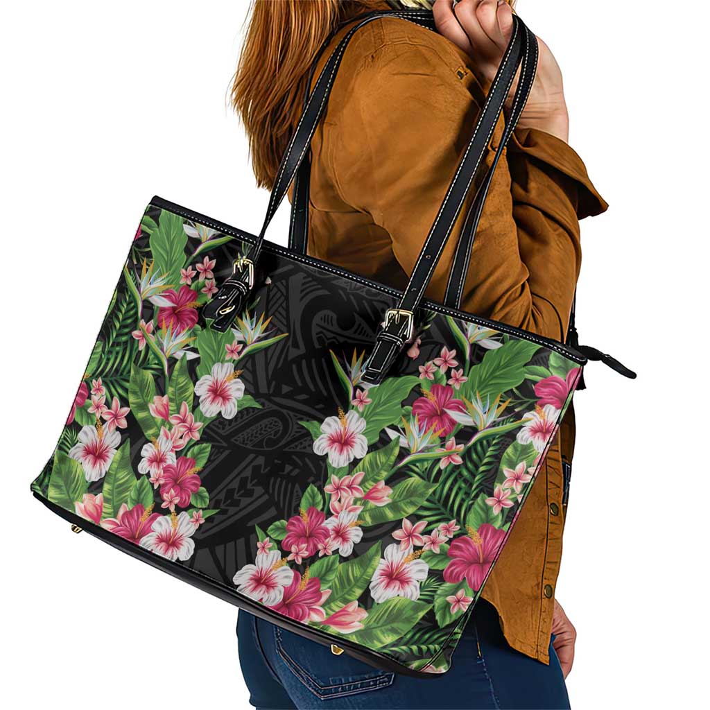 Hawaii Tropical Flowers Leather Tote Bag Black Polynesian Tattoo Art