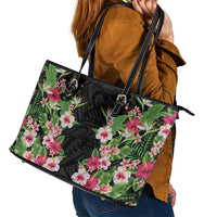 Hawaii Tropical Flowers Leather Tote Bag Black Polynesian Tattoo Art