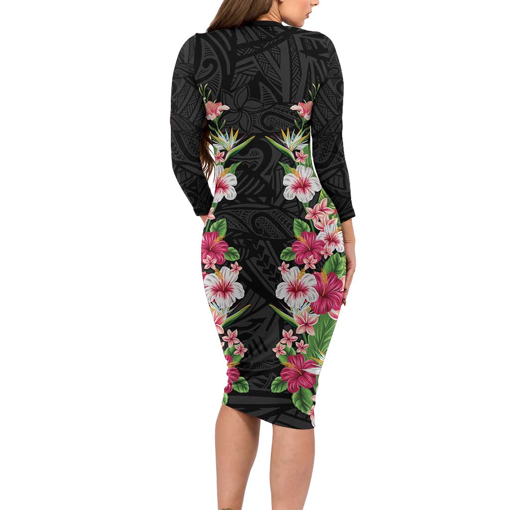 Hawaii Tropical Flowers Long Sleeve Bodycon Dress Black Polynesian Tattoo Art