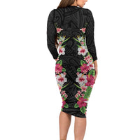 Hawaii Tropical Flowers Long Sleeve Bodycon Dress Black Polynesian Tattoo Art
