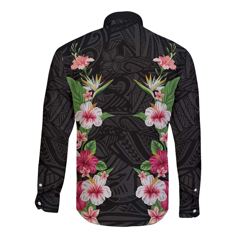 Hawaii Tropical Flowers Long Sleeve Button Shirt Black Polynesian Tattoo Art