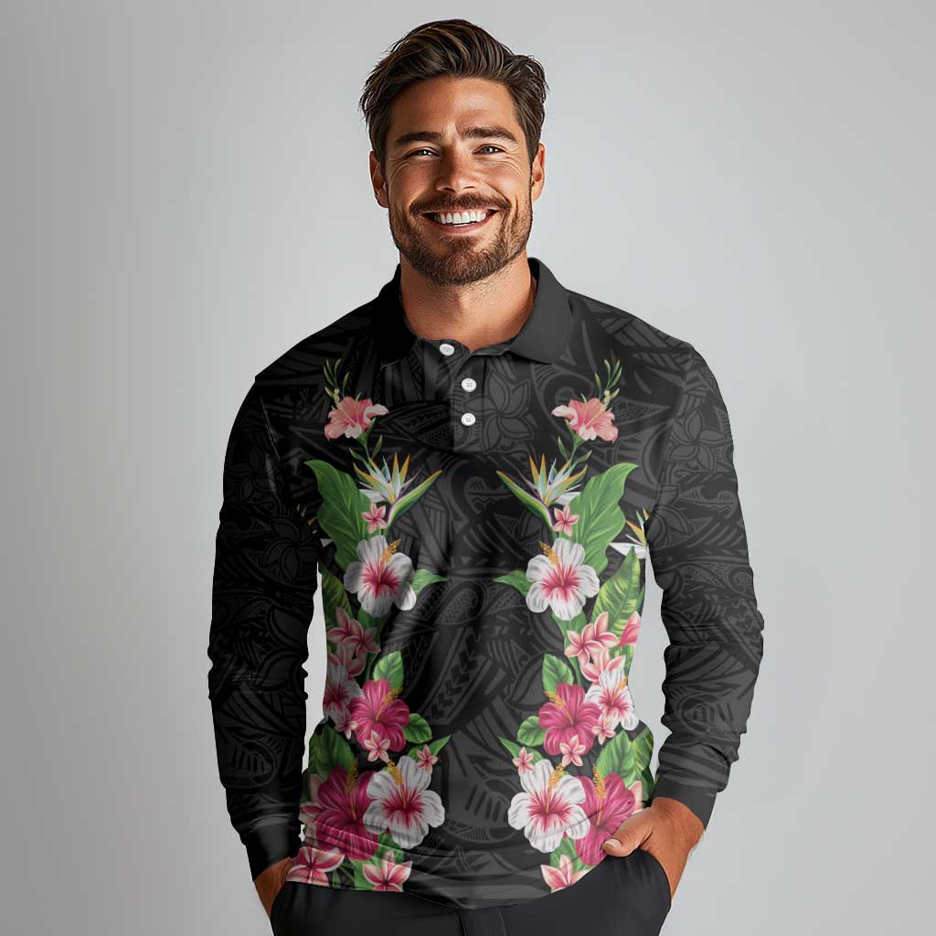 Hawaii Tropical Flowers Long Sleeve Polo Shirt Black Polynesian Tattoo Art