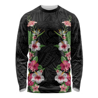 Hawaii Tropical Flowers Long Sleeve Shirt Black Polynesian Tattoo Art