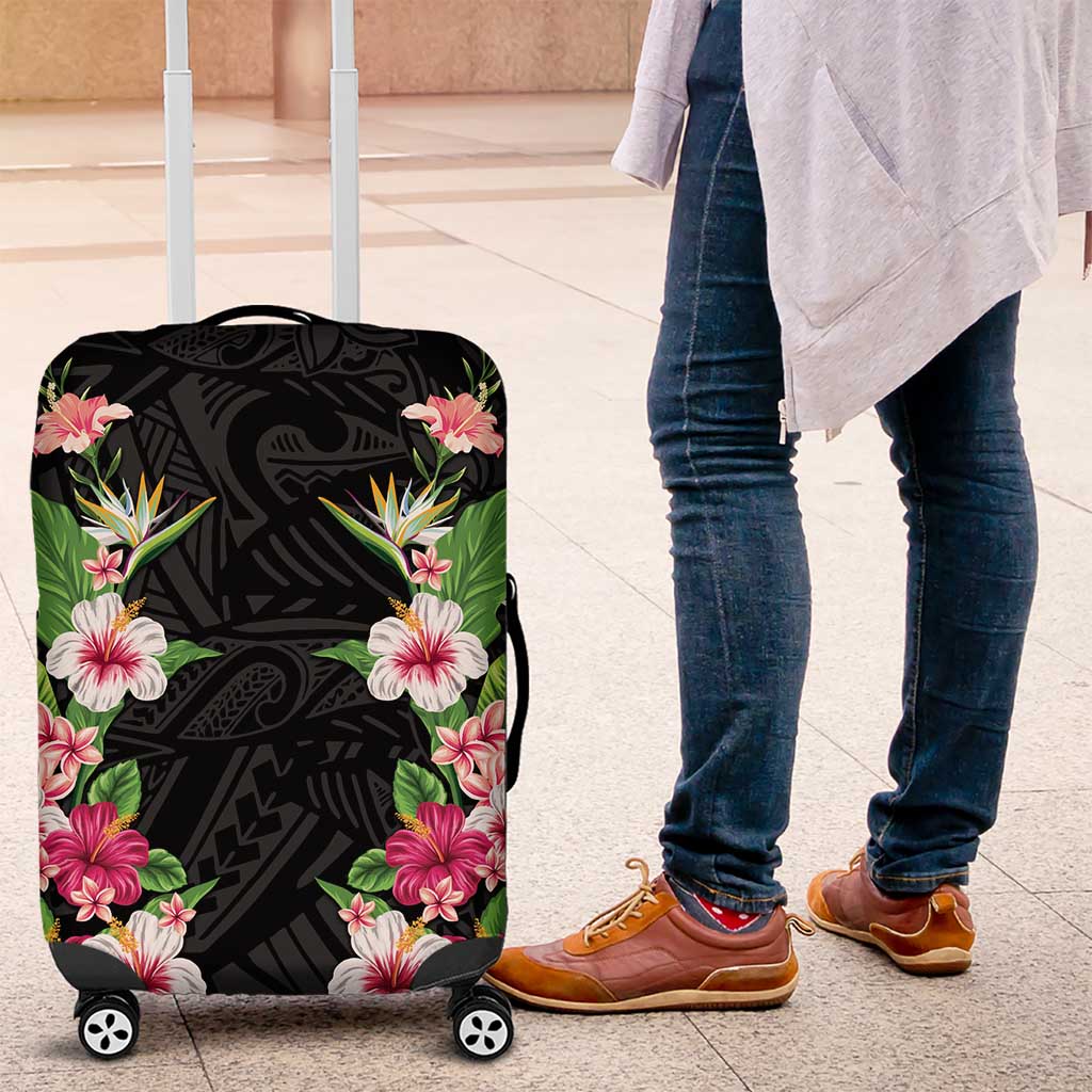 Hawaii Tropical Flowers Luggage Cover Black Polynesian Tattoo Art