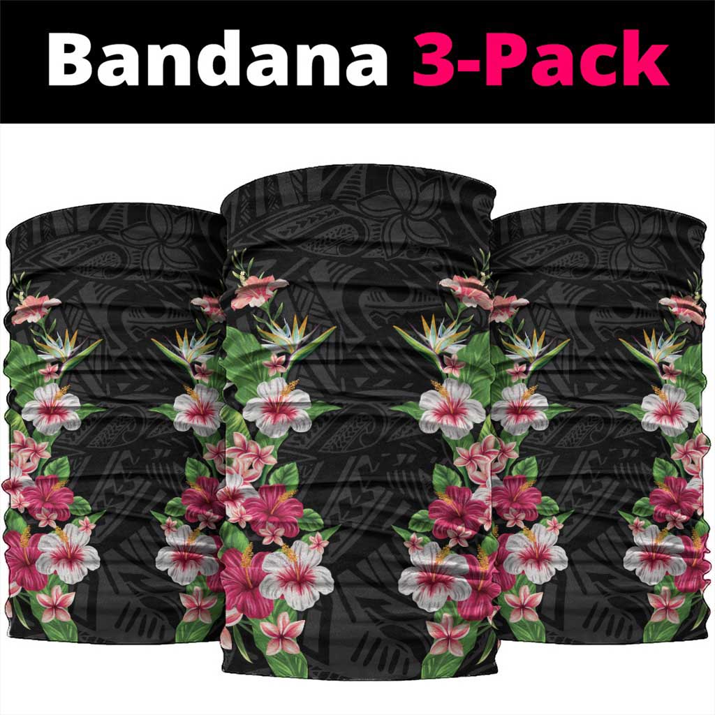 Hawaii Tropical Flowers Neck Gaiter Black Polynesian Tattoo Art