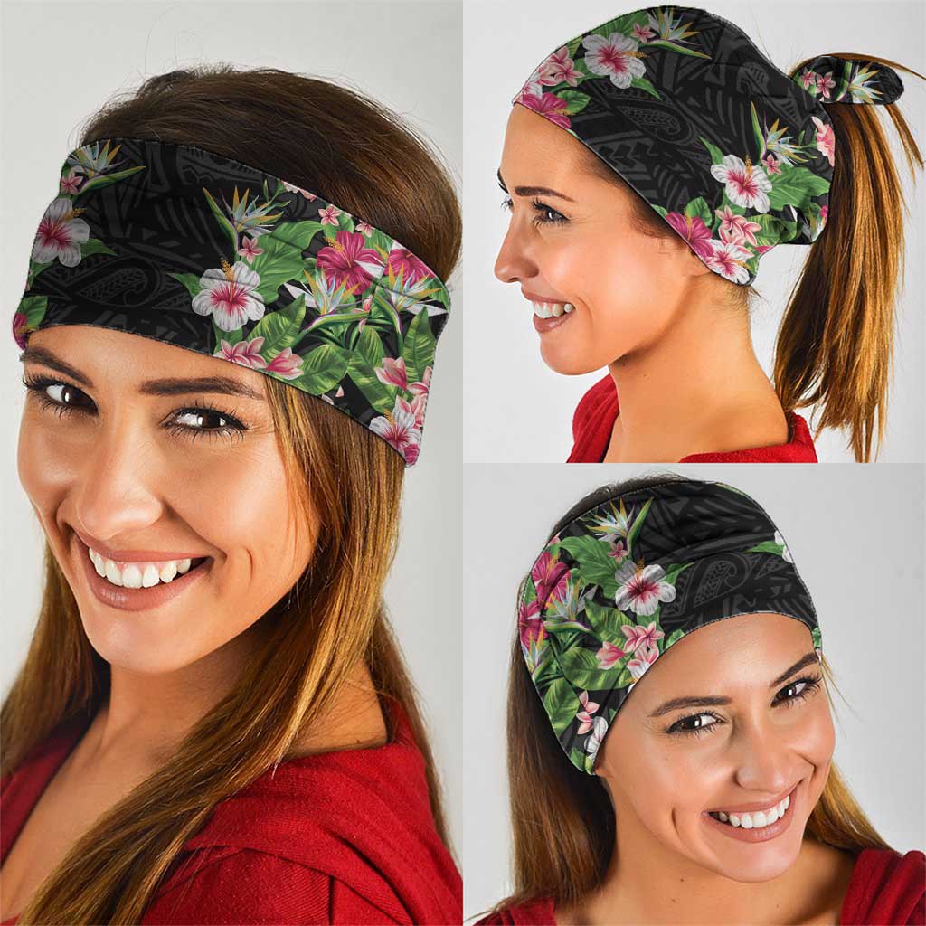 Hawaii Tropical Flowers Neck Gaiter Black Polynesian Tattoo Art