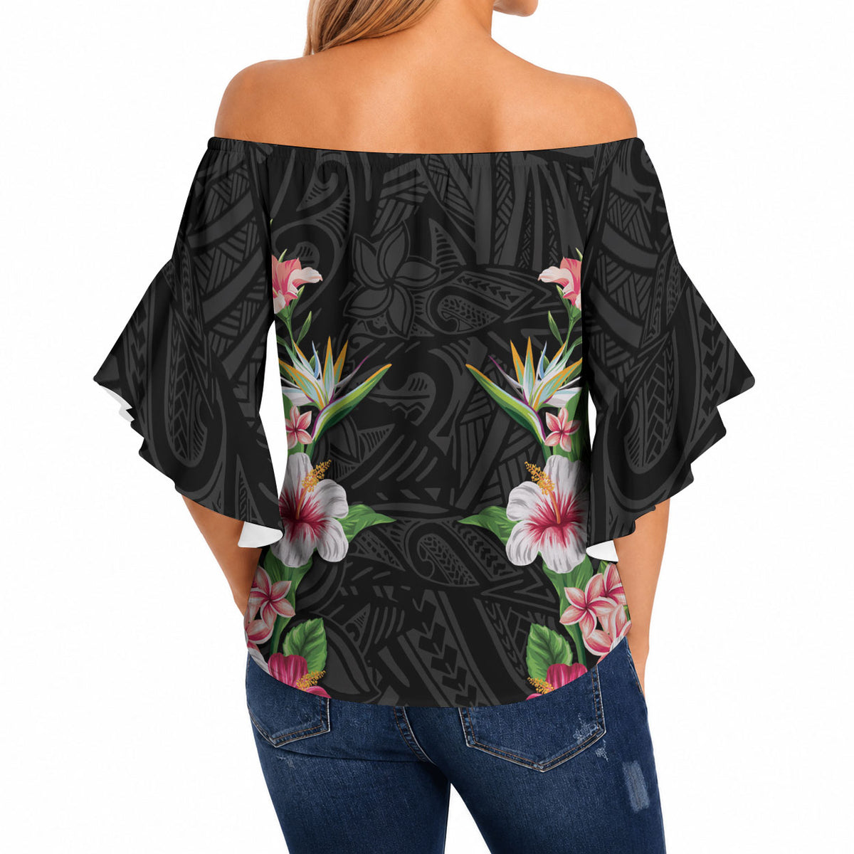 Hawaii Tropical Flowers Off Shoulder Wrap Waist Top Black Polynesian Tattoo Art LT05 - Polynesian Pride