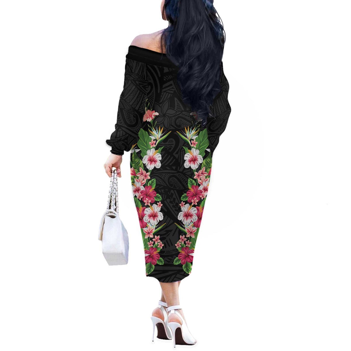 Hawaii Tropical Flowers Off The Shoulder Long Sleeve Dress Black Polynesian Tattoo Art