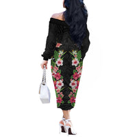 Hawaii Tropical Flowers Off The Shoulder Long Sleeve Dress Black Polynesian Tattoo Art