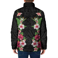 Hawaii Tropical Flowers Padded Jacket Black Polynesian Tattoo Art