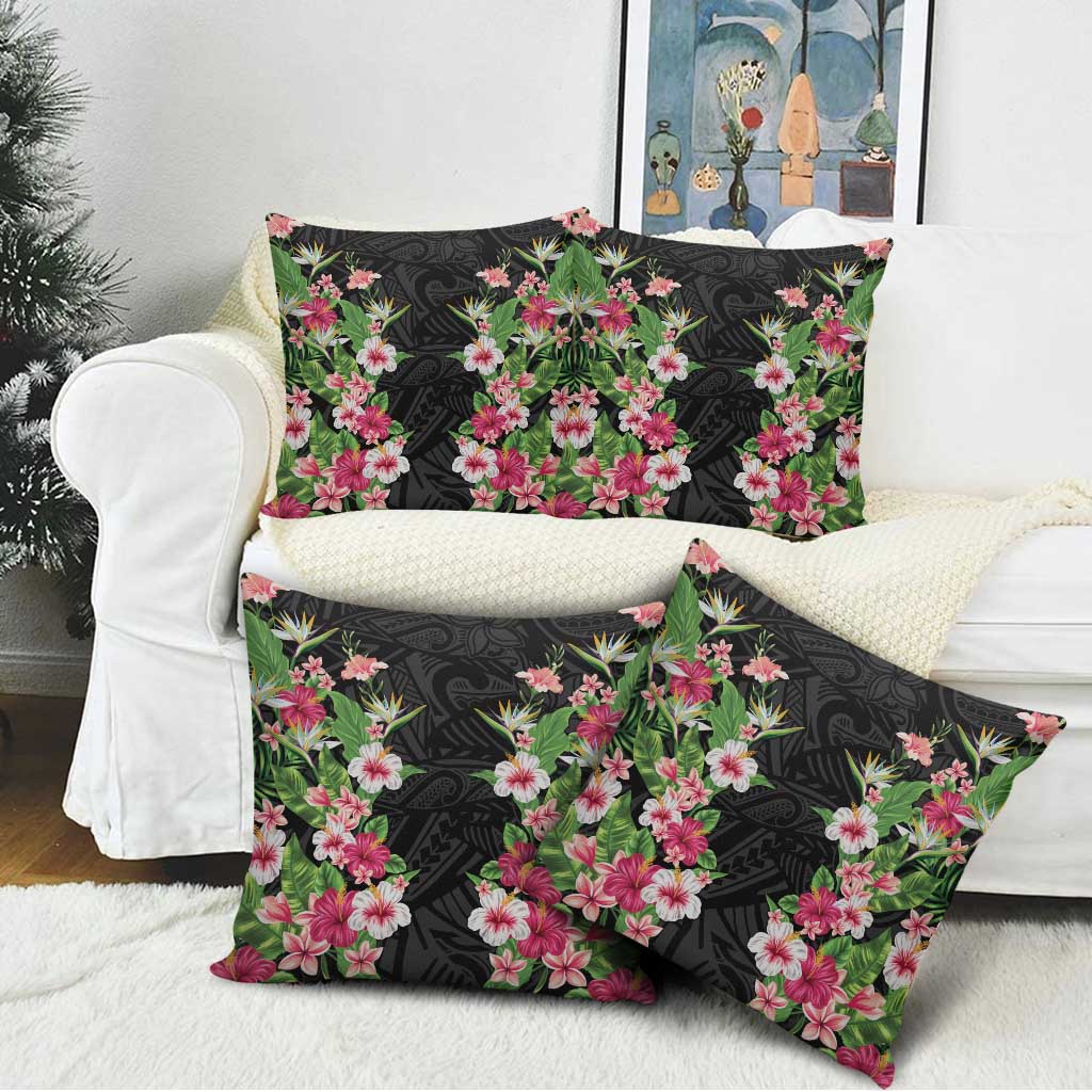 Hawaii Tropical Flowers Pillow Cover Black Polynesian Tattoo Art