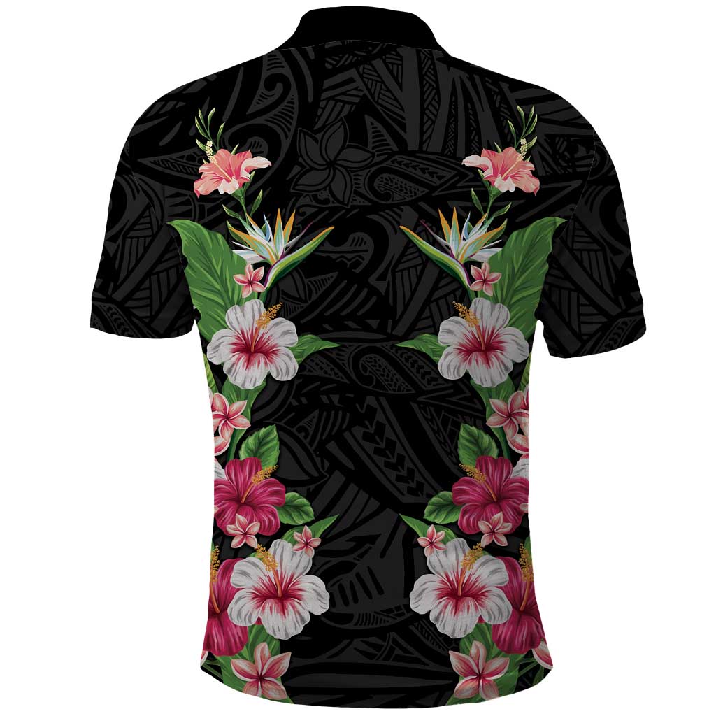 Hawaii Tropical Flowers Polo Shirt Black Polynesian Tattoo Art