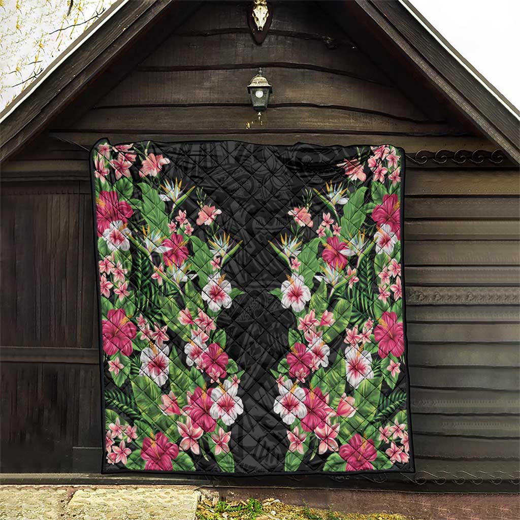 Hawaii Tropical Flowers Quilt Black Polynesian Tattoo Art