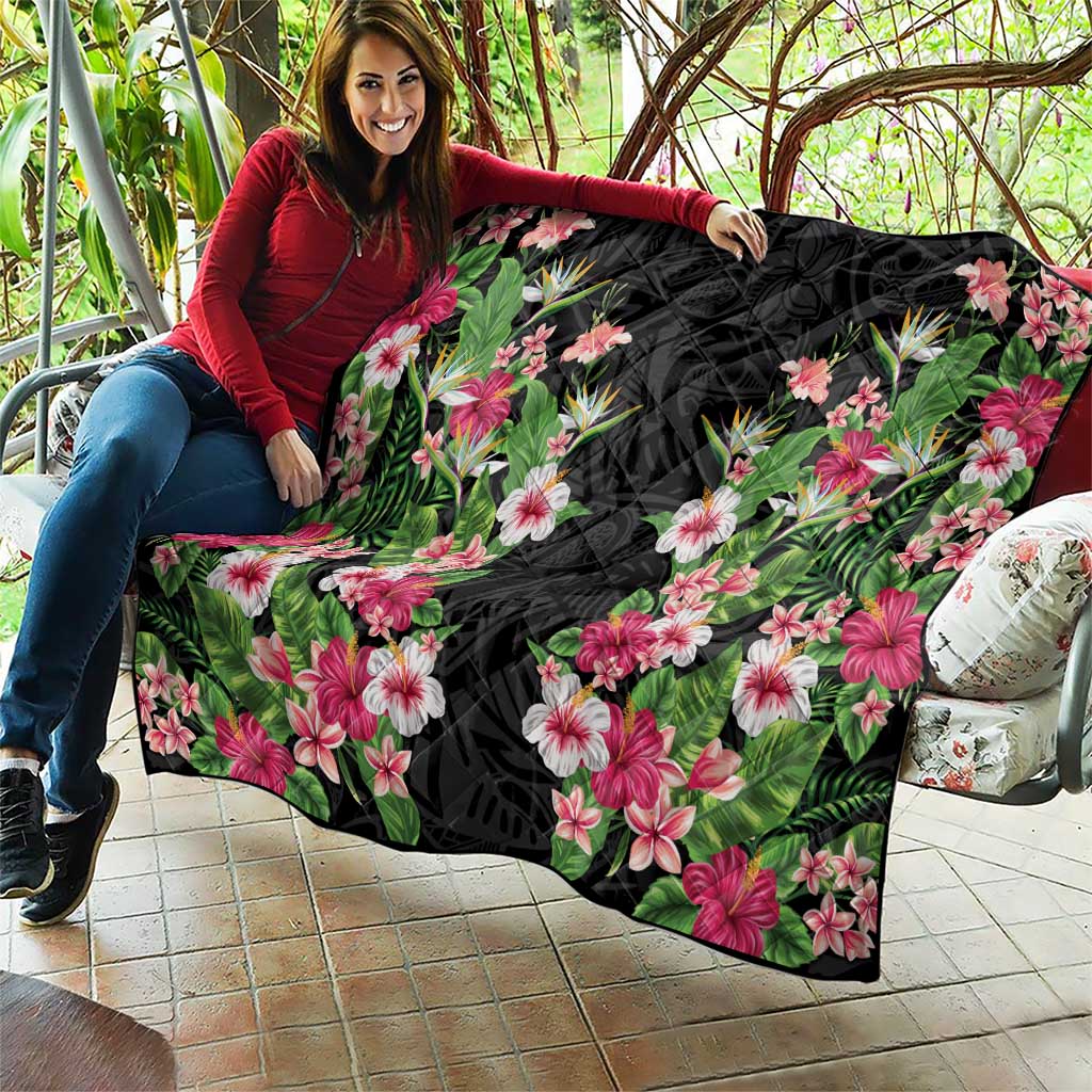 Hawaii Tropical Flowers Quilt Black Polynesian Tattoo Art