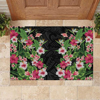 Hawaii Tropical Flowers Rubber Doormat Black Polynesian Tattoo Art