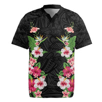 Hawaii Tropical Flowers Rugby Jersey Black Polynesian Tattoo Art