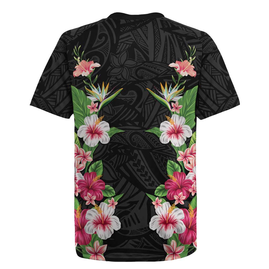 Hawaii Tropical Flowers Rugby Jersey Black Polynesian Tattoo Art
