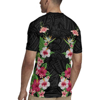 Hawaii Tropical Flowers Rugby Jersey Black Polynesian Tattoo Art