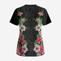 Hawaii Tropical Flowers Scrub Top Black Polynesian Tattoo Art