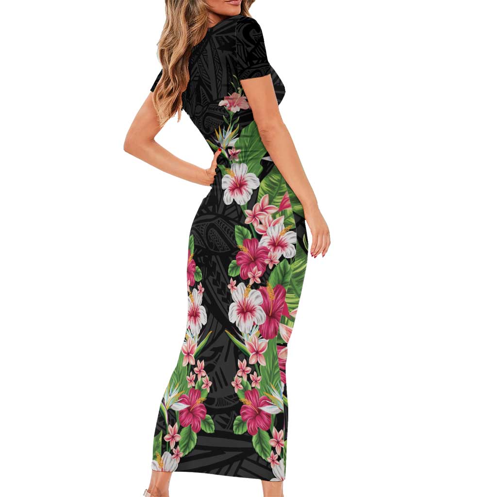 Hawaii Tropical Flowers Short Sleeve Bodycon Dress Black Polynesian Tattoo Art