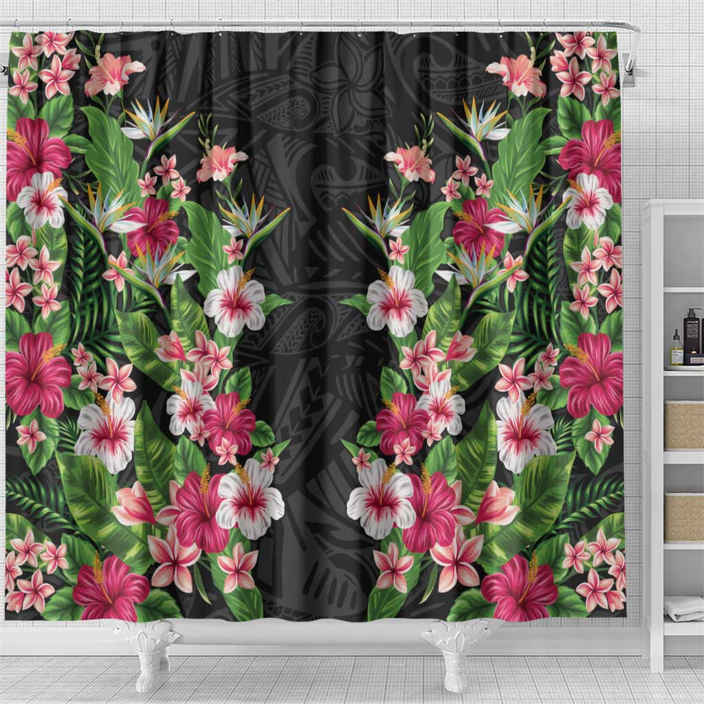 Hawaii Tropical Flowers Shower Curtain Black Polynesian Tattoo Art