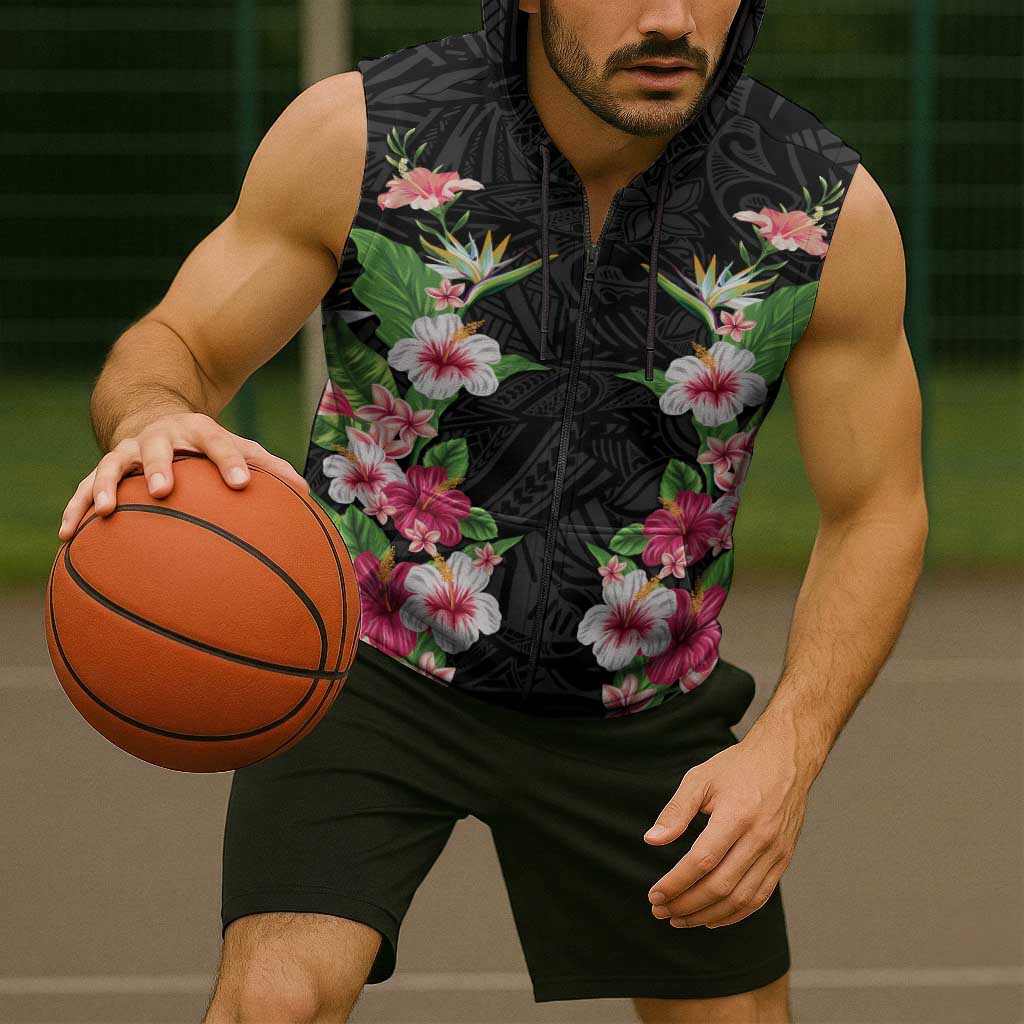 Hawaii Tropical Flowers Sleeveless Zip Hoodie Black Polynesian Tattoo Art