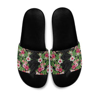 Hawaii Tropical Flowers Slide Sandals Black Polynesian Tattoo Art