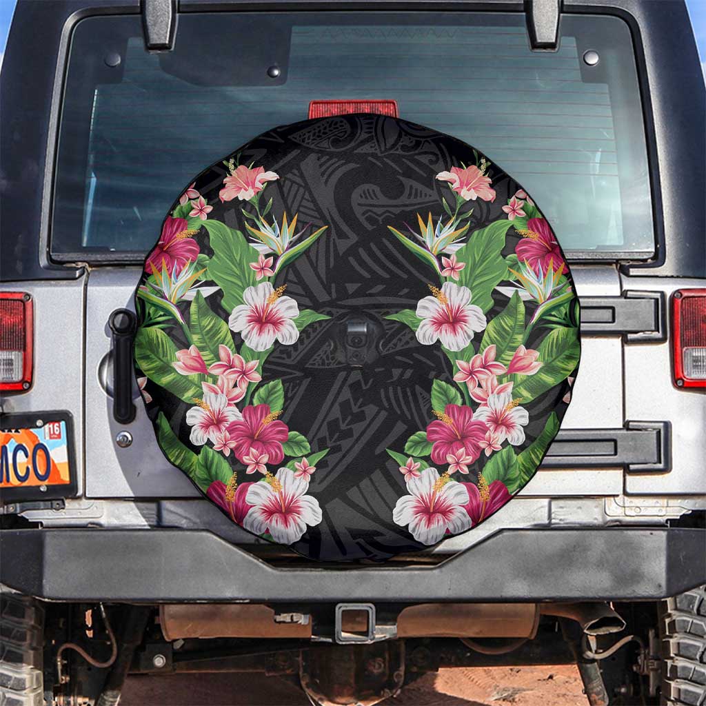 Hawaii Tropical Flowers Spare Tire Cover Black Polynesian Tattoo Art