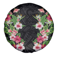 Hawaii Tropical Flowers Spare Tire Cover Black Polynesian Tattoo Art