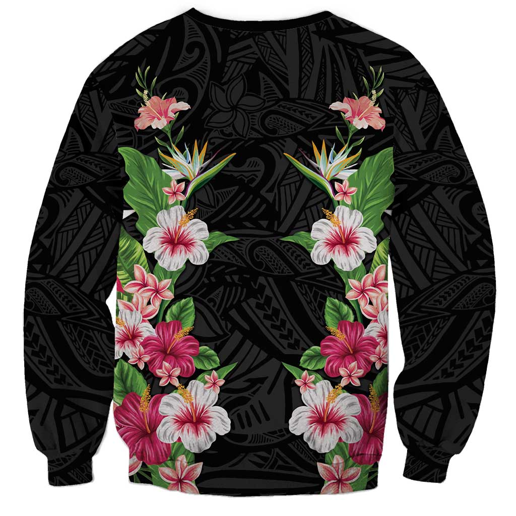 Hawaii Tropical Flowers Sweatshirt Black Polynesian Tattoo Art