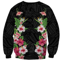 Hawaii Tropical Flowers Sweatshirt Black Polynesian Tattoo Art